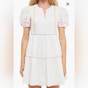 English Factory Piping Detailed Mini Dress | L | Ivory